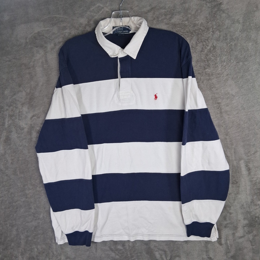 Vintage Polo Ralph Lauren Rugby Shirt Mens XL Navy White Striped Long Sleeve